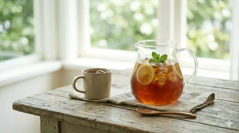 A pitcher of iced tea with lemon slices and mint leaves, next to a cup on a rustic wooden table.