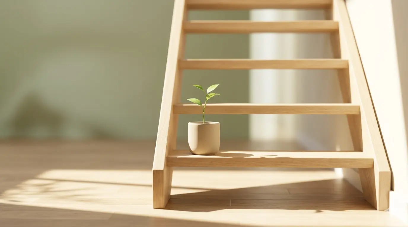 Small plant on a wooden step, symbolizing growth and micro-habits for mental health.