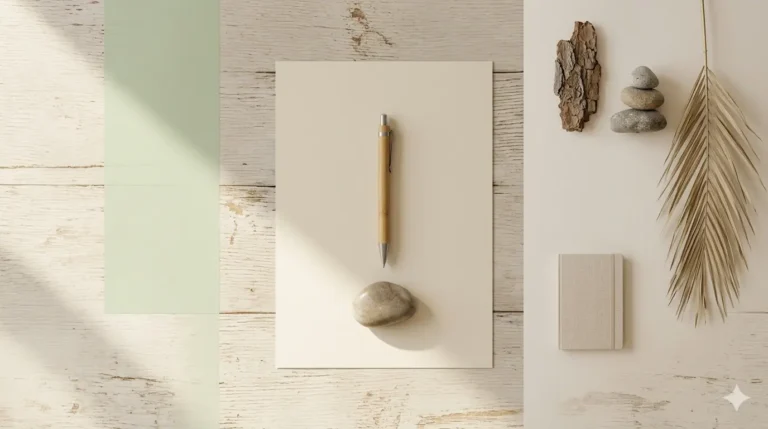 Zen desk setup with pen, stone, and natural elements for anxiety relief