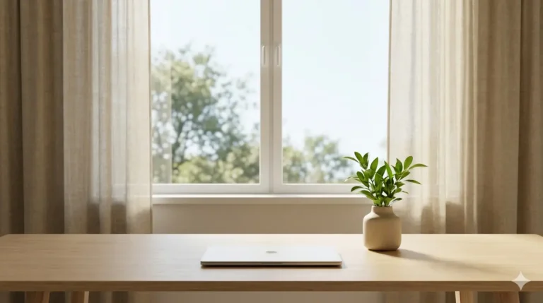 Laptop on a wooden desk near a window with curtains, symbolizing focus for mental health.