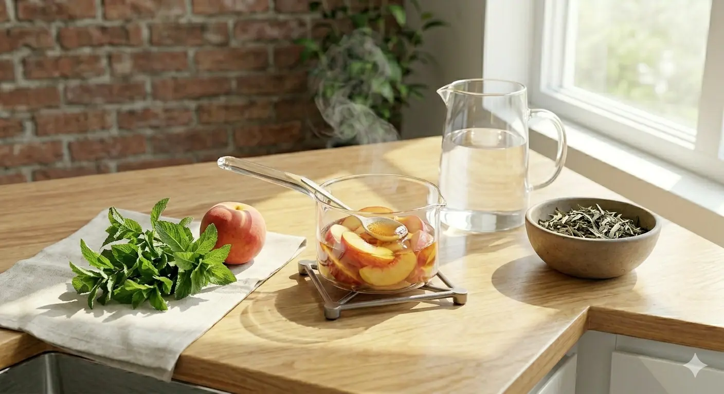 A wooden table with sliced ​​apples in a container, fresh herbs, water and tea leaves, illuminated by natural light.
