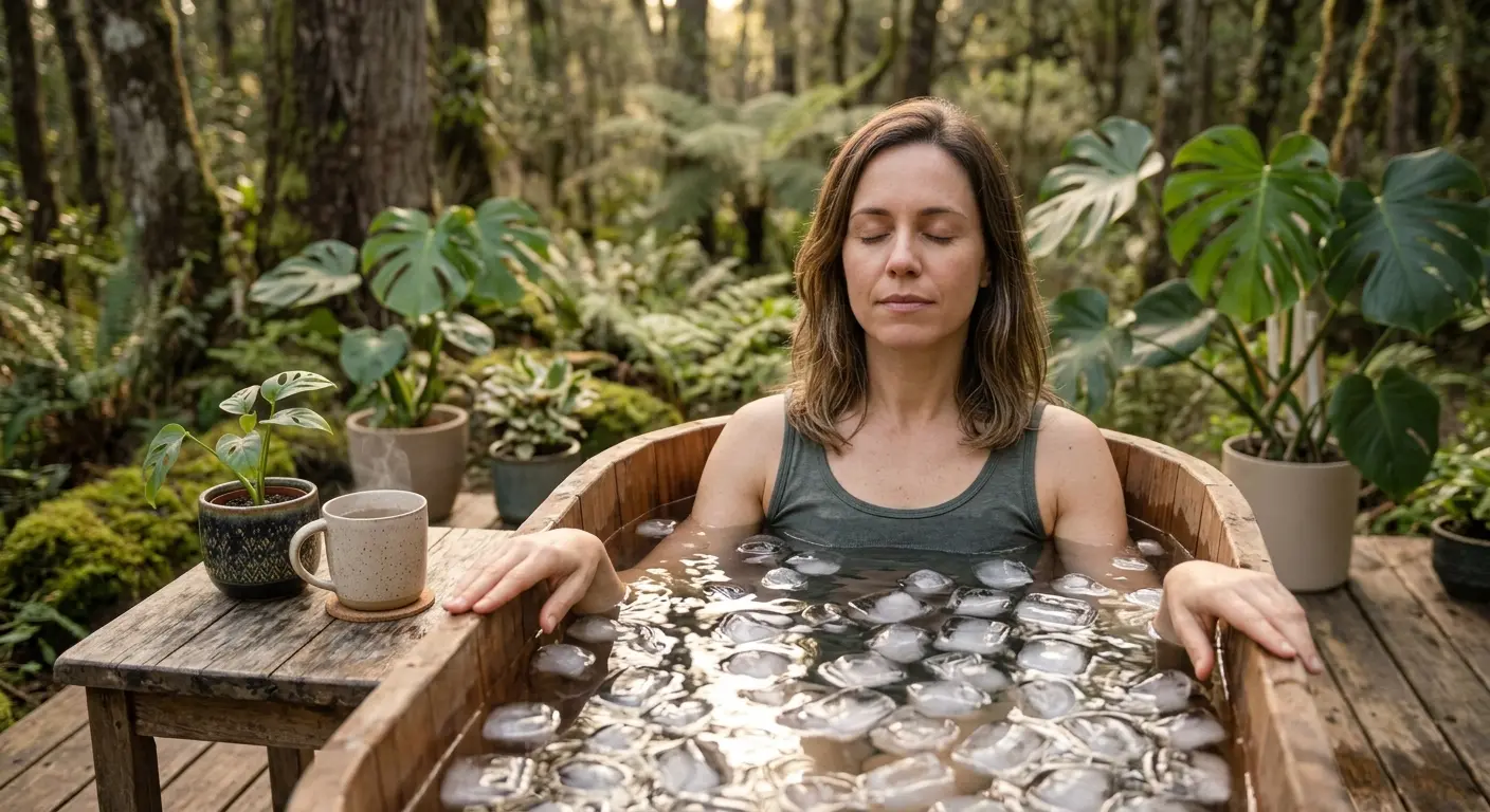 A relaxed woman in a wooden ice bath, surrounded by plants in a forest, with a cup of hot tea on a wooden table nearby.