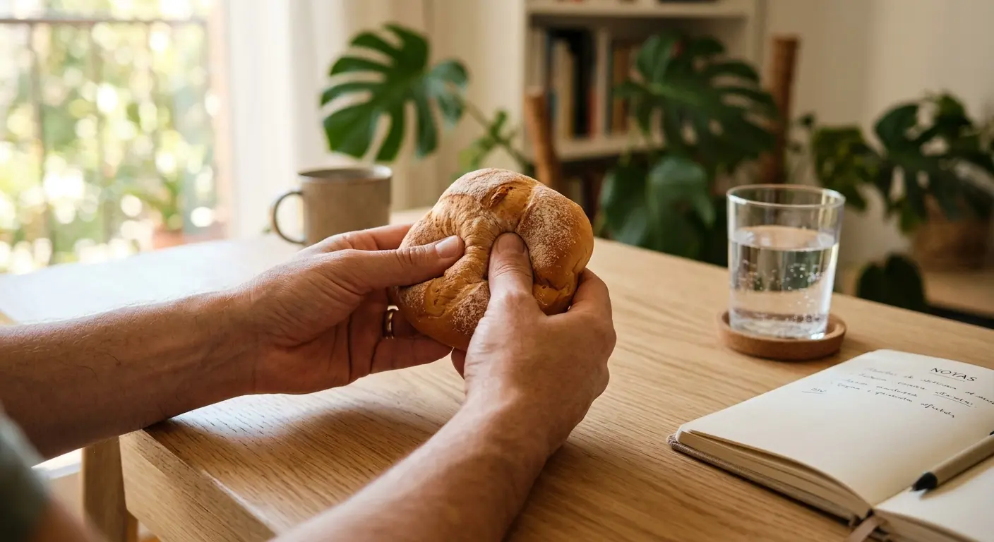Hands holding an artisanal loaf of bread over a wooden table, with a glass of water, a notebook, and plants in the background in a well-lit setting.
