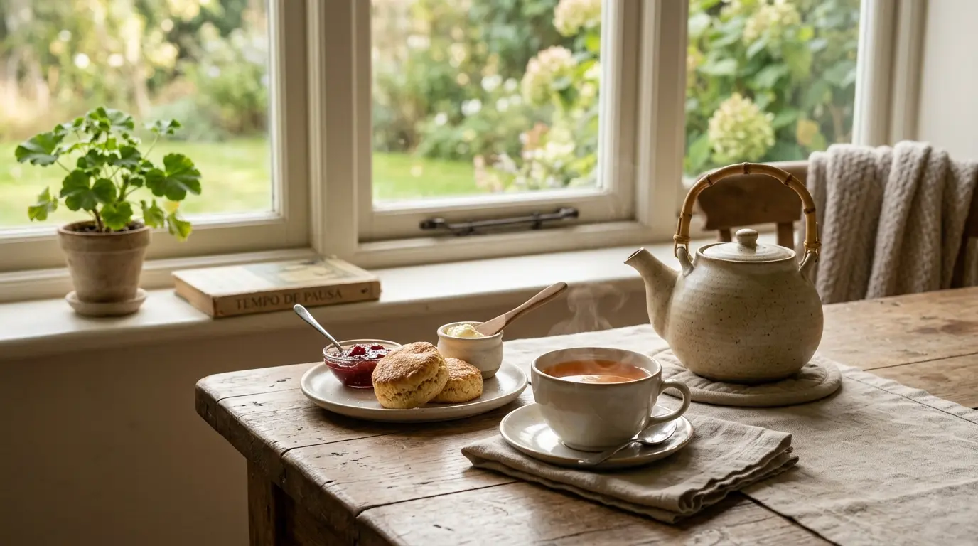 Wooden table with a ceramic teapot, a steaming cup of tea, scones, jam, and butter, next to a window overlooking a sunny garden.