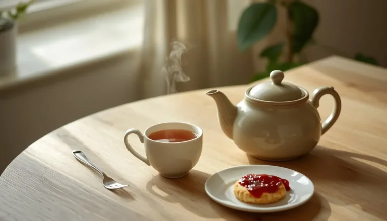A ceramic teapot, a steaming teacup, a small jam-topped cookie on a plate, and a fork on a sunlit wooden table.