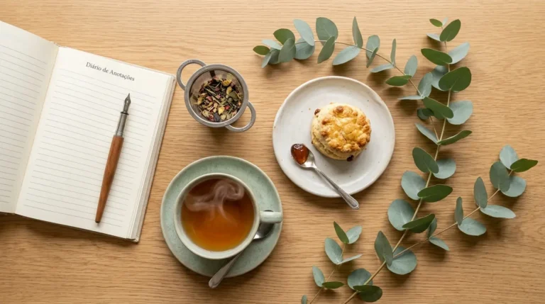 Vista superior de uma mesa de madeira com um diário aberto, caneta, xícara de chá fumegante, um scone com geleia e um ramo de eucalipto decorativo.