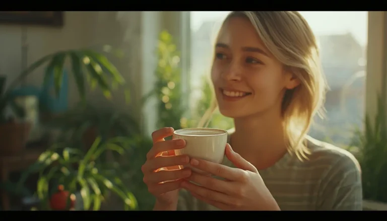 A smiling young blonde woman holds a cup of hot coffee in a sunlit setting, surrounded by green plants on a peaceful day.