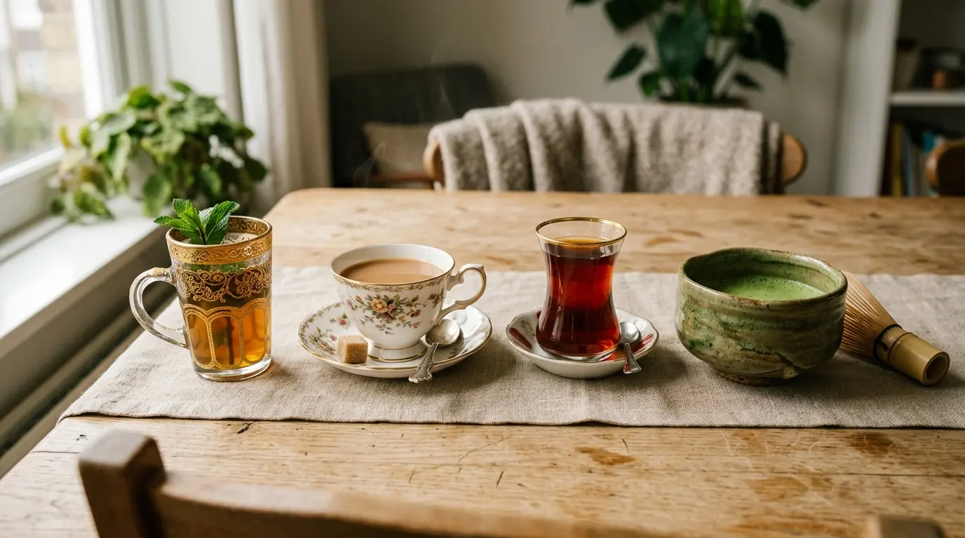 A wooden table with four types of tea: a mug garnished with mint, a cup with milk, a glass of Turkish tea, and a bowl of matcha with a whisk.