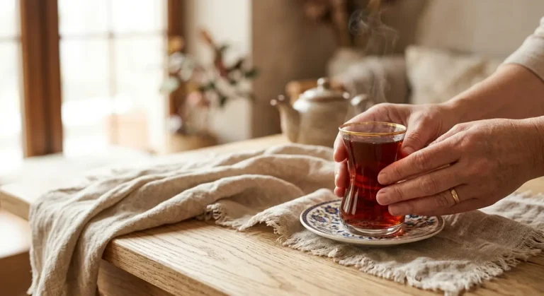 Hands hold a glass cup of steaming hot tea atop a decorated saucer, resting on a rustic wooden table with a piece of linen fabric nearby.