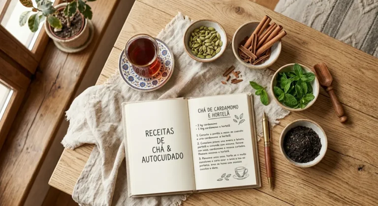 Tea recipe book open on a wooden table, with a teacup, spices, fresh mint, and cinnamon in ceramic bowls arranged around it.