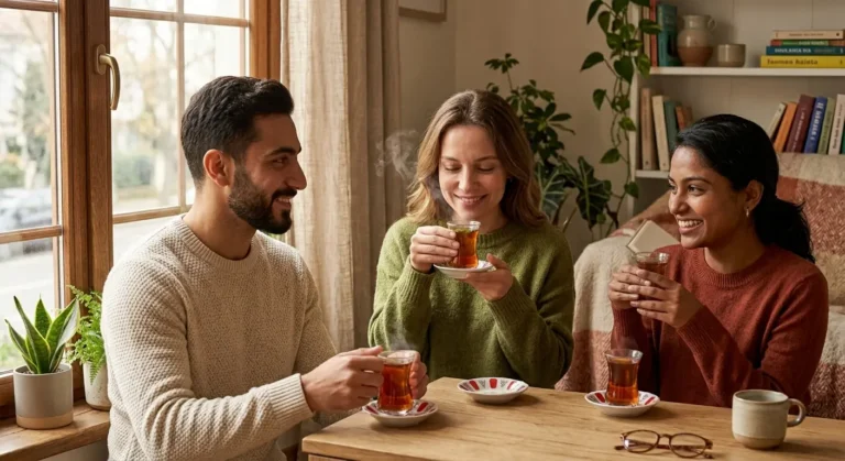 Três amigos sorridentes conversam alegremente em uma sala aconchegante, segurando xícaras de chá quente em uma mesa de madeira perto de uma janela.