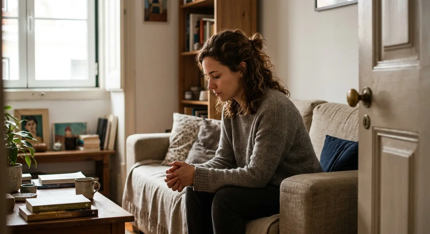 A curly-haired woman wearing a gray sweater, sitting thoughtfully on the sofa in a cozy living room, with books and a plant nearby.