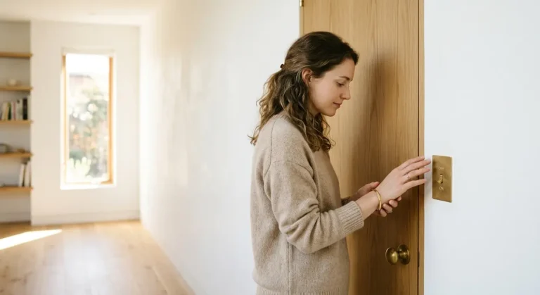 A woman with wavy hair, wearing a beige sweater, flips a gold light switch on a wooden door in a modern, well-lit hallway.