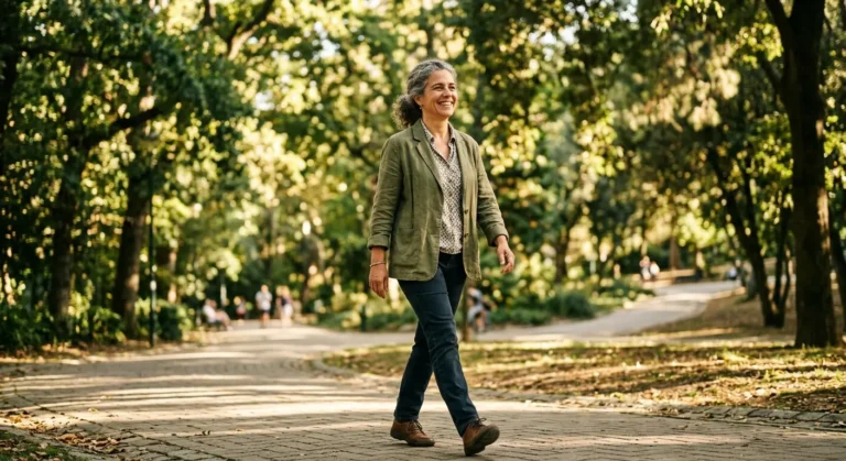 Mulher madura de cabelos grisalhos caminha sorridente por um parque arborizado, vestindo blazer verde e calça jeans em um dia ensolarado e tranquilo.