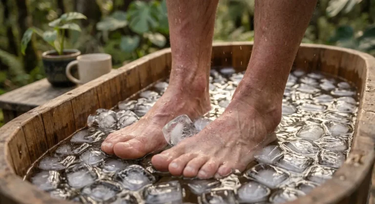 A person’s feet immersed in a wooden tub filled with ice-cold water and ice cubes, with a plant and a mug in the background, in a natural setting.