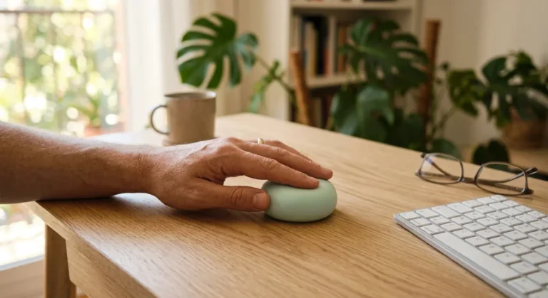 Mão de uma pessoa repousando sobre um dispositivo circular verde-claro em uma mesa de madeira, com teclado, óculos e plantas ao fundo em ambiente.