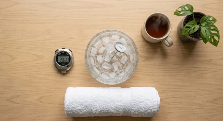 Top view of a wooden table with a timer, a bowl of ice containing a thermometer, a steaming cup of tea, a potted plant, and a rolled-up white towel.