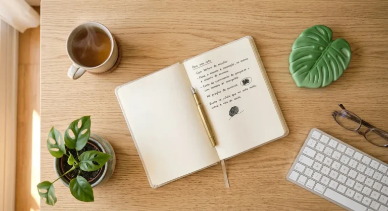 An open notebook with notes, a gold pen, a teacup, a plant, a keyboard, and glasses on a wooden table, creating a cozy workspace.