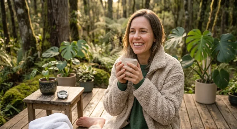 A smiling woman in a fuzzy coat holds a steaming cup on a wooden deck surrounded by tropical plants in a sunlit forest.